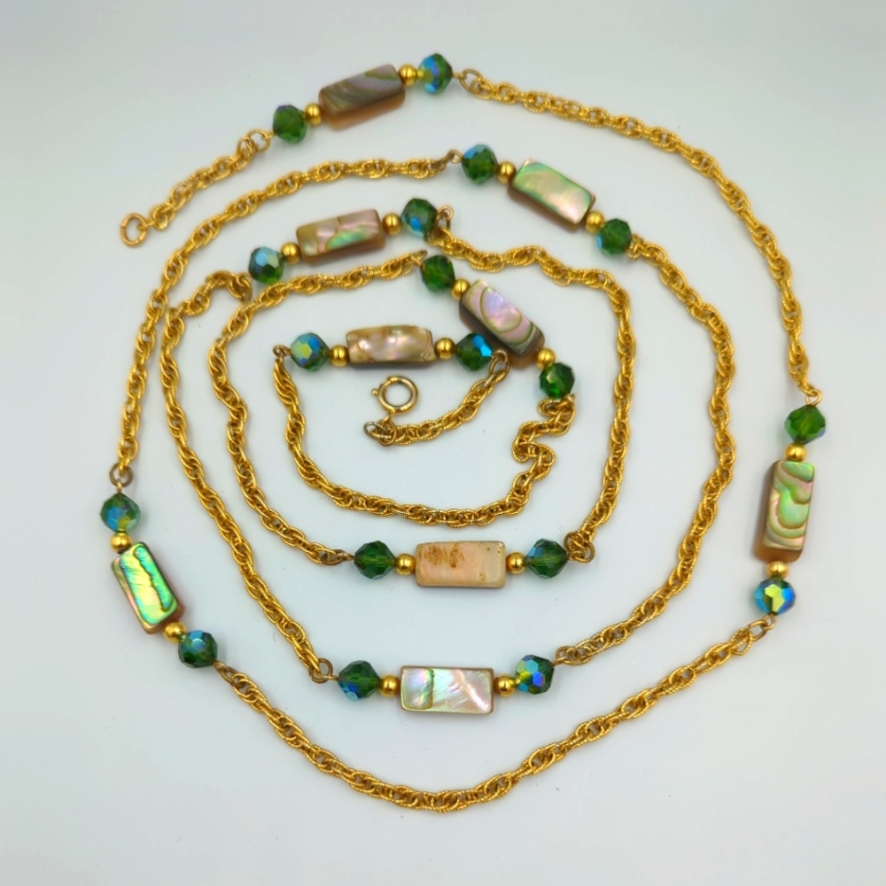 Vintage Gold Tone Necklace Abalone Shell Green AB Glass Beads Stations Long 42"